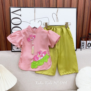  Bộ bà ba cho bé gái thêu hoa sen đi chơi trung thu lễ tết đẹp từ 10-30kg chất gấm lụa mềm mát