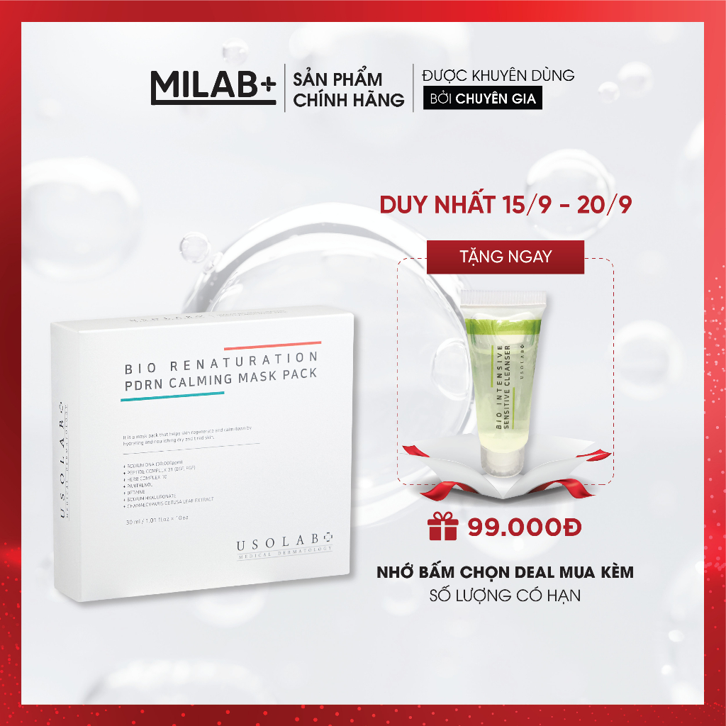 Mặt nạ cấp ẩm PDRN USOLAB - Giúp se khít lỗ chân lông dưỡng trắng phục hồi da cấp ẩm thải độc ( 1 hộp 10 miếng ) - MILAB
