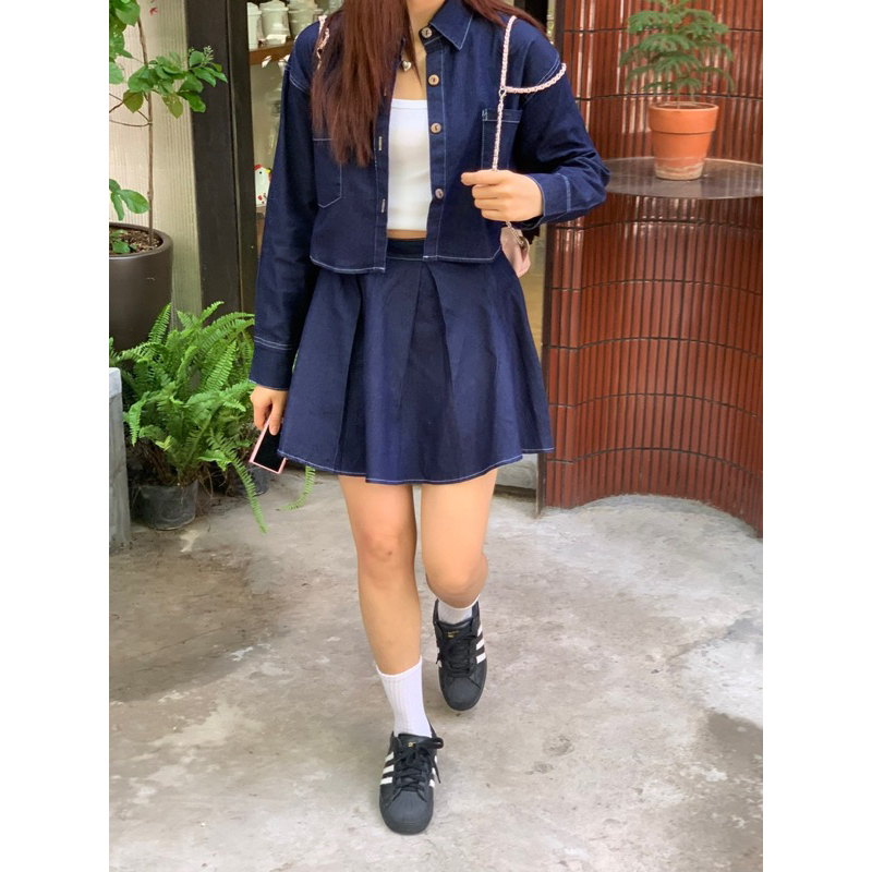 Set denim nữ chỉ nổi kèm chân váy tennis TKA377 LOLLIE STUDIO