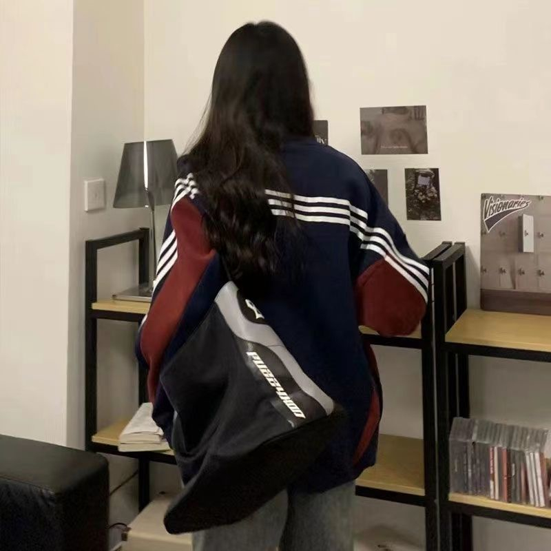 Áo sweater nỉ nữ form rộng dưới 75kg dài tay chất liệu nỉ ngoại dày dặn cao cấp cổ tròn xanh than 3 sọc ở tay thể thao