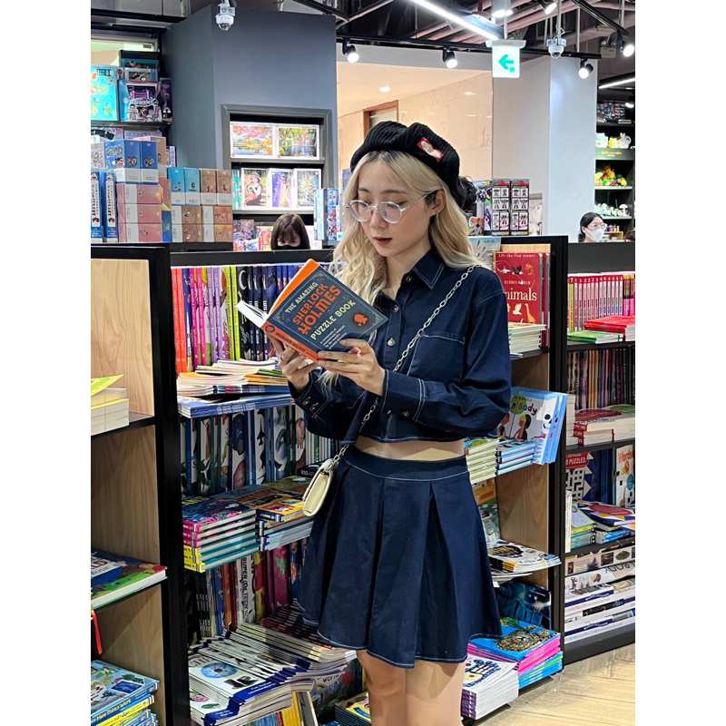 Set denim nữ chỉ nổi kèm chân váy tennis TKA377 LOLLIE STUDIO