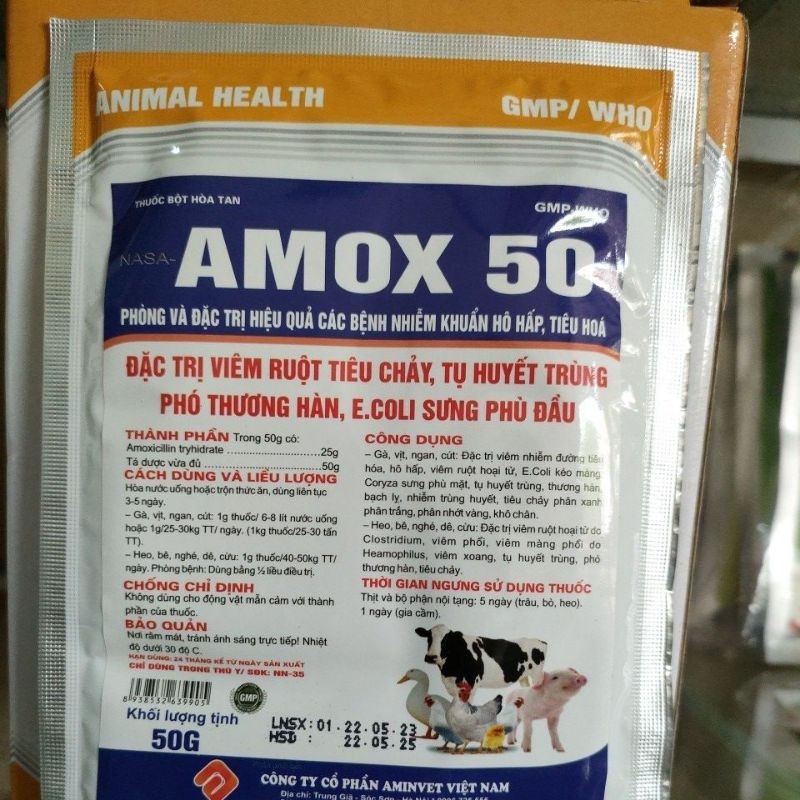 Amox 50% 50g/ Amox 500 50g chuyên viêm ruột tiêu chảy, tụ huyết trùng, sưng phù đầu, thương hàn.