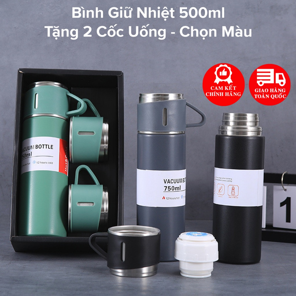 Màu Bạc - bình giữ nhiệt 500ml tặng 2 cốc - Kiểu cách đóng gói hộp quà - có nút nhấn uống trực tiếp - Hàng chính hãng