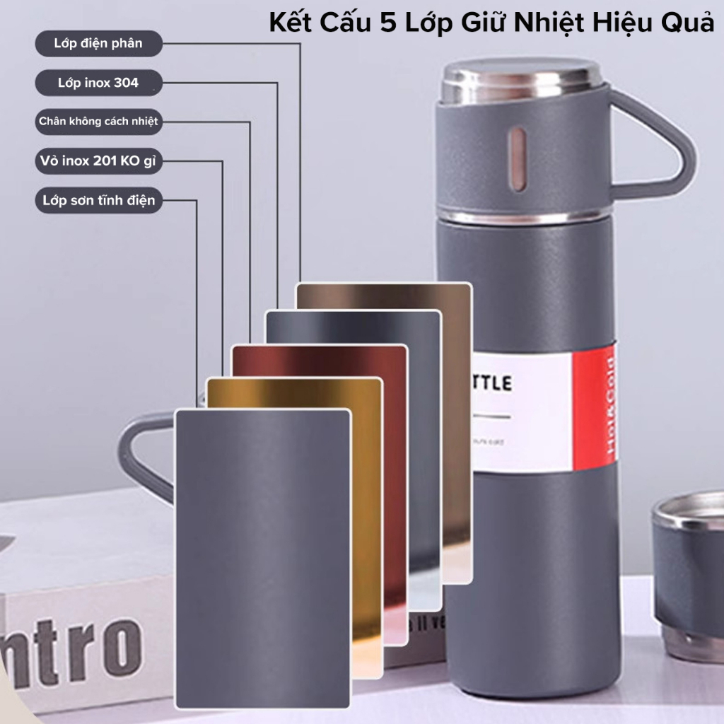 Màu Xanh - bình giữ nhiệt 500ml tặng 2 cốc - Kiểu cách đóng gói hộp quà - có nút nhấn uống trực tiếp - Hàng chính hãng