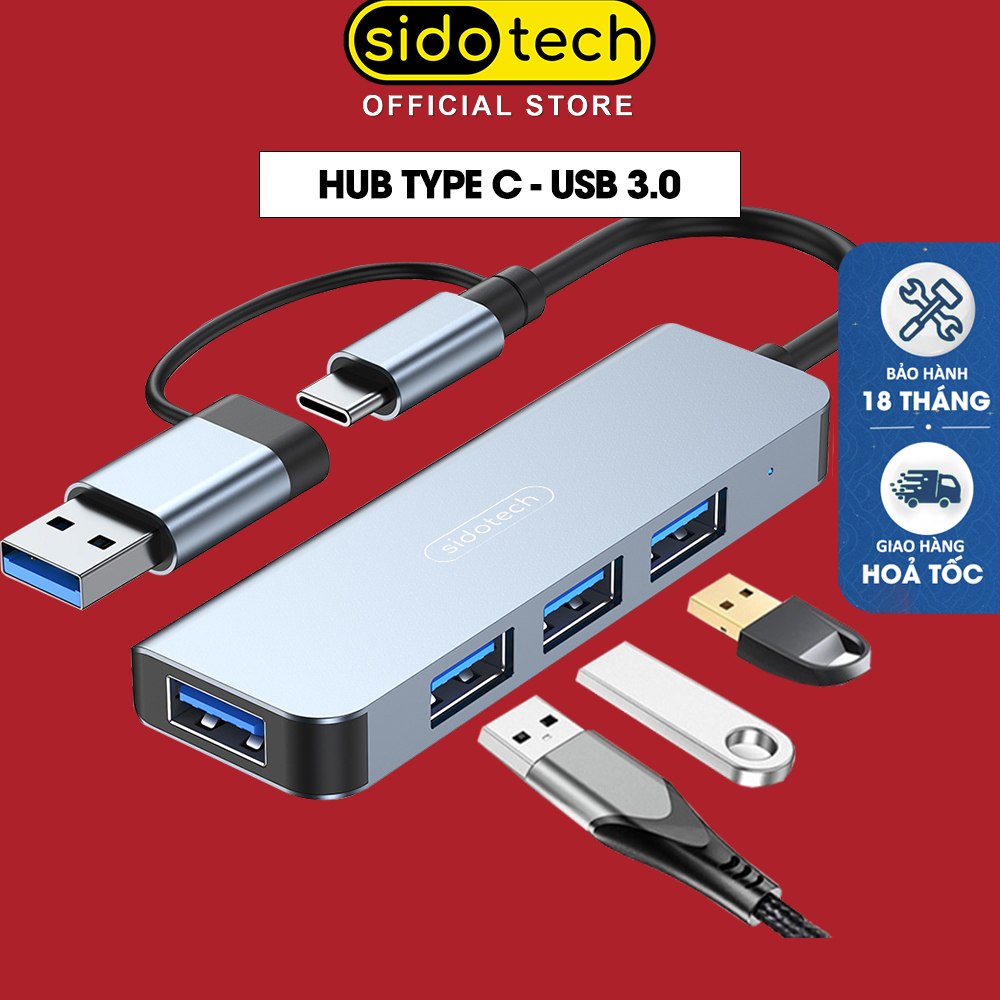 Hub usb type c 3.0 tốc độ cao 4 port SIDOTECH cổng chia mở rộng kết nối chuyển đổi cho PC máy tính laptop táo máy in