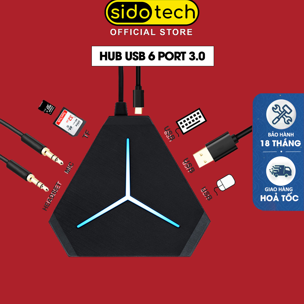 Bộ chia cổng HUB USB SIDOTECH mở rộng kết nối đa năng 6 cổng USB tốc độ cao, cổng Audio, đầu đọc thẻ nhớ, đèn LED