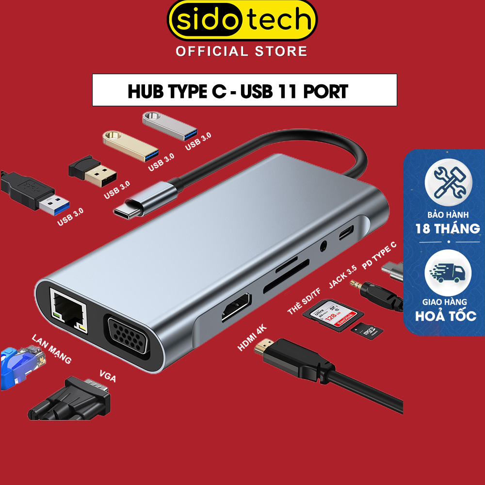 Hub type c usb 3.0 Sidotech 11 port trạm hub chuyển đổi bộ chia mở rộng kết nối cho laptop máy tính táo VGA HDMI SD TF