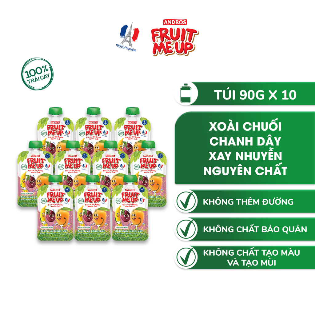 Combo 10 Túi Trái Cây Xay Nhuyễn Vị Xoài chuối chanh dây - 100% trái cây thật - ANDROS FRUIT ME UP - 90gx10