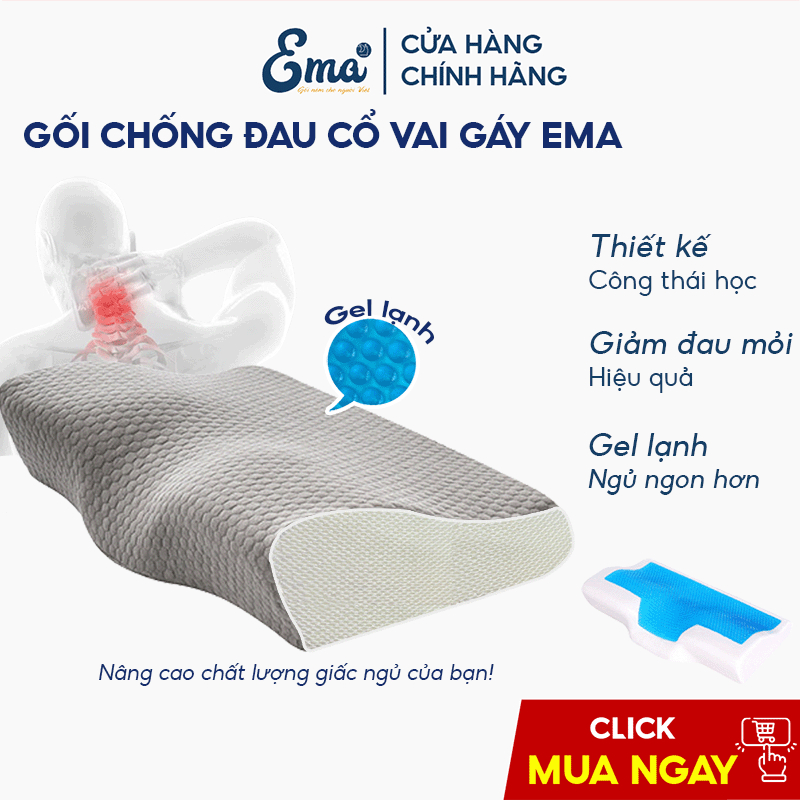 Gối chống đau cổ vai gáy Ema thiết kế công thái học ngăn thoái hóa cổ chất liệu cao su non gel lạnh giúp ngủ ngon