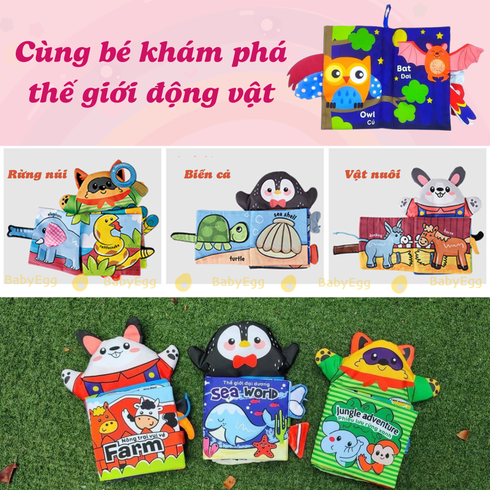 Sách vải rối cho bé sơ sinh tạo tiếng động gặm nướu phát triển giác quan hình con vật cho bé1 2 3 4 5 6 7 8 9 tháng tuổi