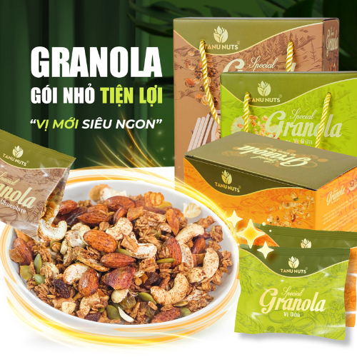 Ngũ cốc granola siêu hạt Special TANU NUTS túi nhỏ tiện lợi mix hạt dinh dưỡng tốt cho bà bầu, ăn kiêng giảm cân.