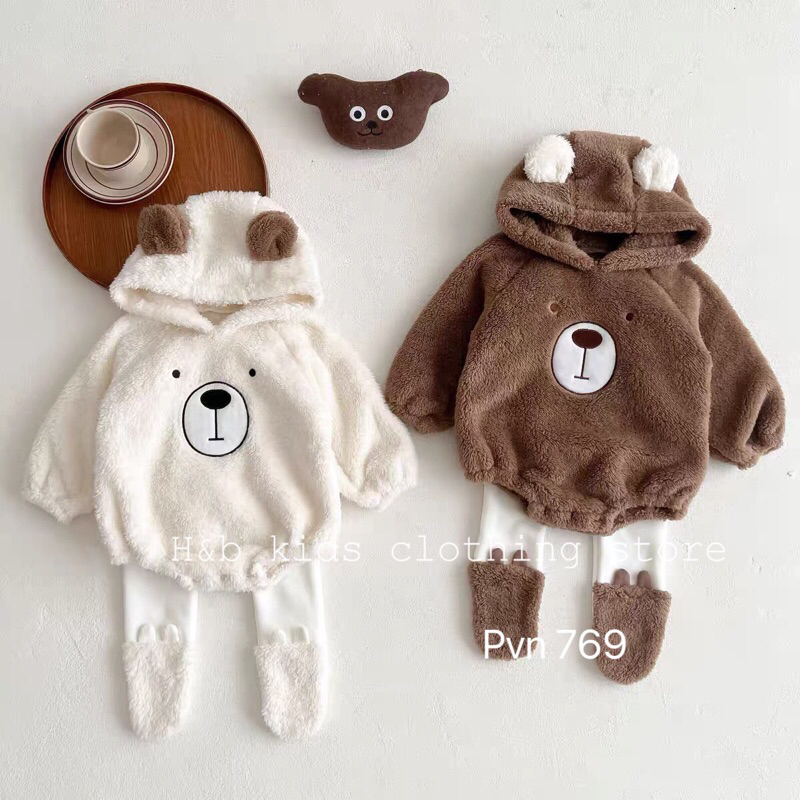 Body lông liền mũ dài tay kèm tất quần lông liền tất mùa đông xho bé -body thu đông lông cừu sơ sinh ấm - áo quần trẻ em