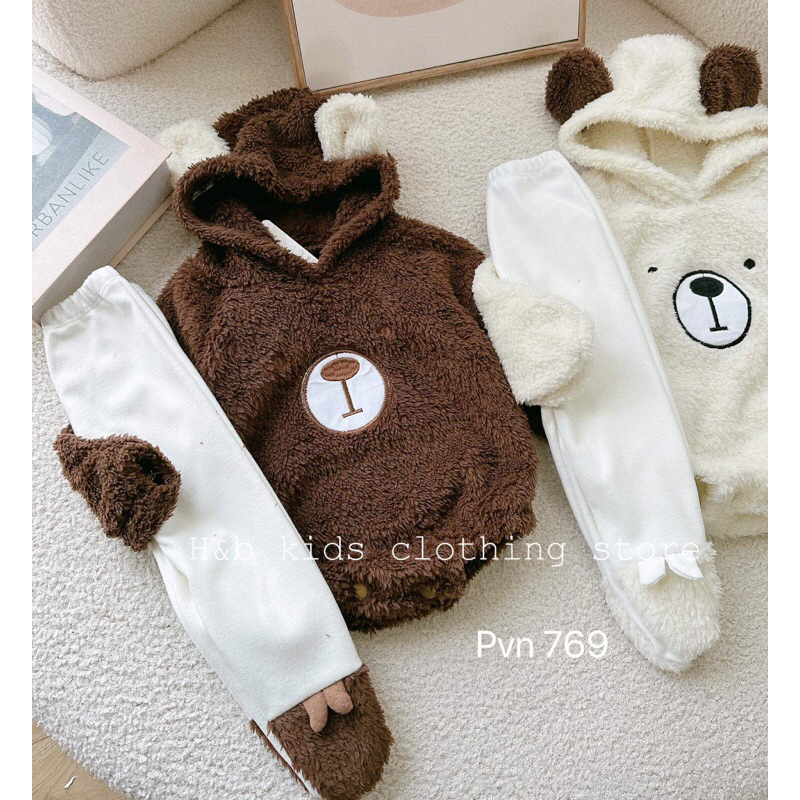 Body lông liền mũ dài tay kèm tất quần lông liền tất mùa đông xho bé -body thu đông lông cừu sơ sinh ấm - áo quần trẻ em