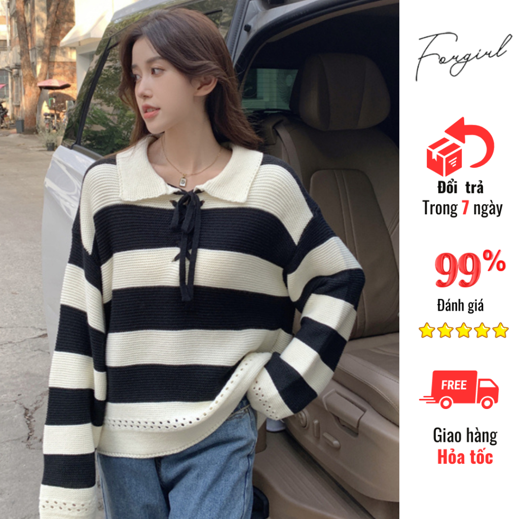 Áo polo kẻ sọc ngang Forgirl cổ ve phối dây buộc cá tính FG123