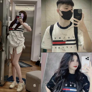 Áo phông tom m.y bản chữ in nhỏ thun co giãn,áo cổ đen trắng cho nam và nữ