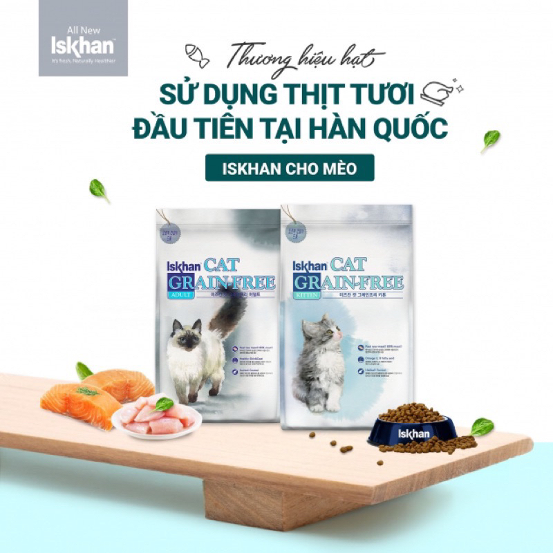 Thức ăn hạt không độn ngũ cốc ISKHAN Cat Grain Free cho mèo ngăn ngừa dị ứng và chăm sóc da lông