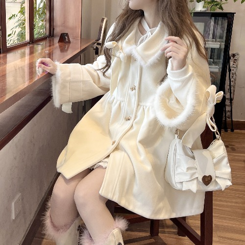 Áo khoác len cao cấp from rộng dài tay lông cổ dễ thương, áo choàng len nữ cardigan thắt lơ mùa thu đông 0689