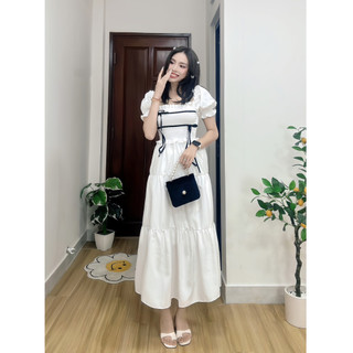 Đầm nơ DÀI tay phồng có bigsize xòe bồng nữ có bigsize D9