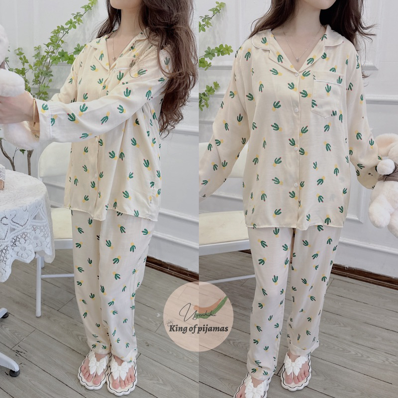 Bộ pijama mặc nhà chất đũi lạnh hoạ tiết dễ thương dành cho nữ bộ ngủ tay dài quần dài
