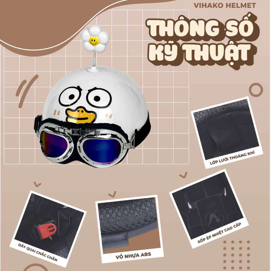 Mũ bảo hiểm nửa đầu vịt ngáo mắt to vihako helmet, nón phi công cute có kính nhựa abs màu trắng