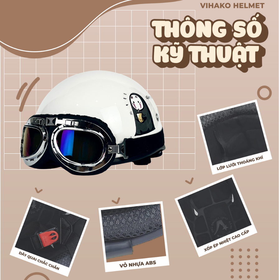 Mũ bảo hiểm nửa đầu vô diện vihako helmet, nón phi công cute tai mèo có kính nhựa abs màu trắng