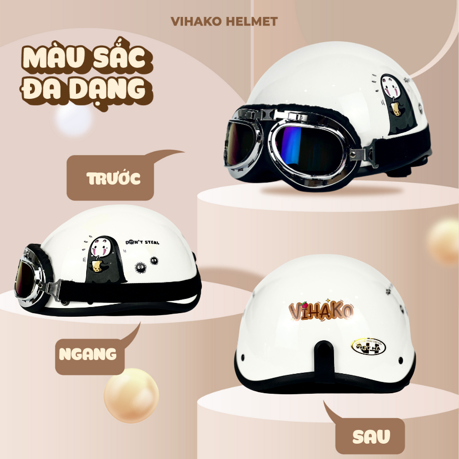 Mũ bảo hiểm nửa đầu vô diện vihako helmet, nón phi công cute tai mèo có kính nhựa abs màu trắng