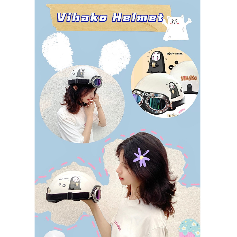 Mũ bảo hiểm nửa đầu vô diện vihako helmet, nón phi công cute tai mèo có kính nhựa abs màu trắng