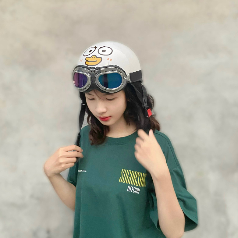 Mũ bảo hiểm nửa đầu vịt ngáo mắt to vihako helmet, nón phi công cute có kính nhựa abs màu trắng