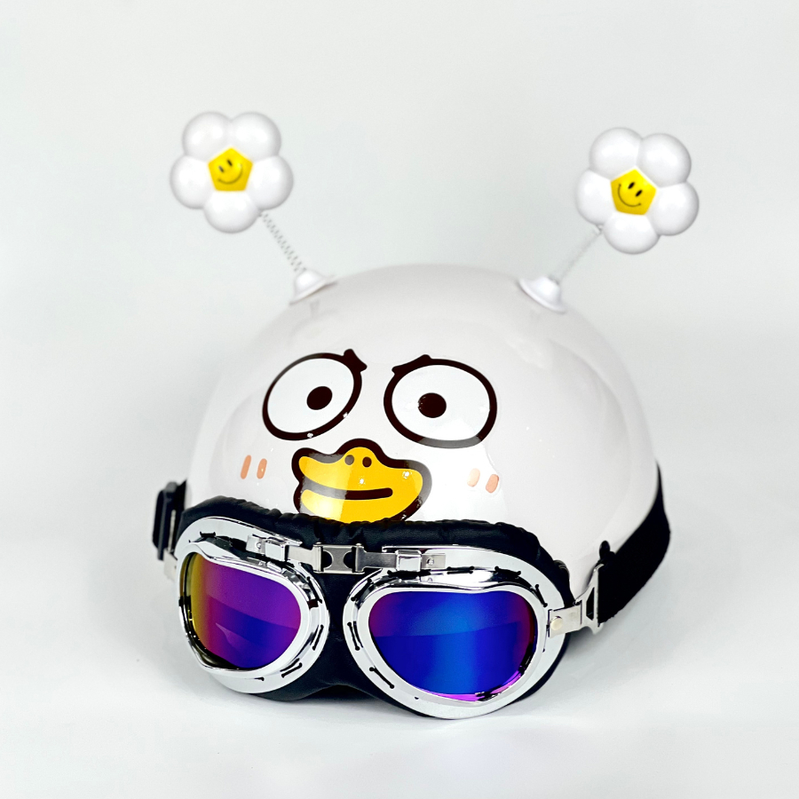 Mũ bảo hiểm nửa đầu vịt ngáo mắt to vihako helmet, nón phi công cute có kính nhựa abs màu trắng