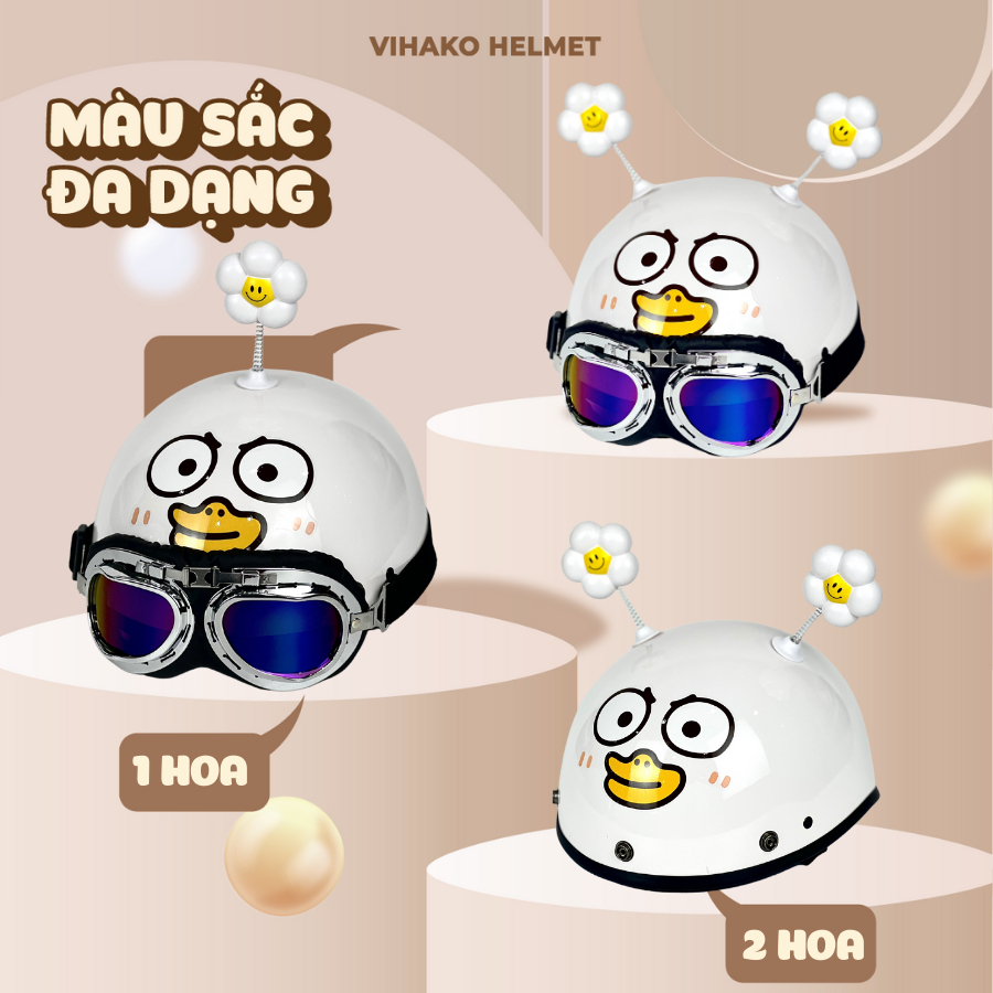 Mũ bảo hiểm nửa đầu vịt ngáo mắt to vihako helmet, nón phi công cute có kính nhựa abs màu trắng