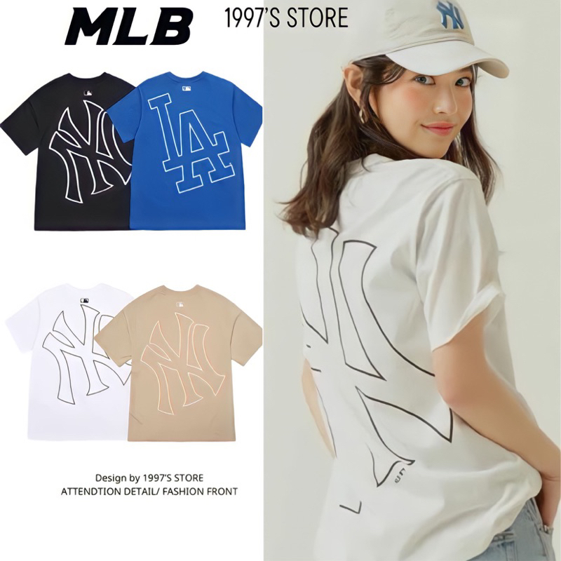Áo thun tay lỡ form rộng nam nữ mlb in hình viền ny siêu xinh chất thun cotton mịn mát