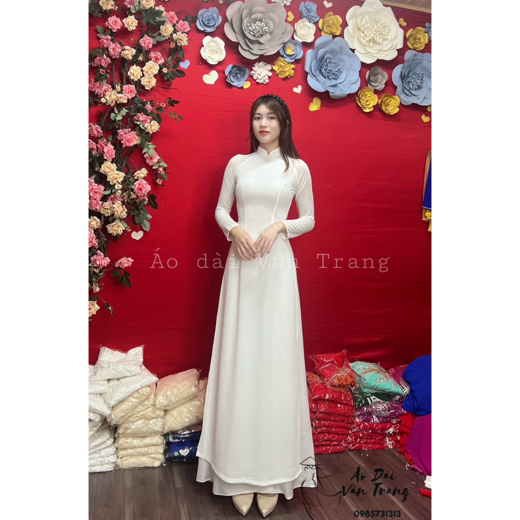 Áo Dài Trắng 4 Tà Truyền Thống May Sẵn Lụa Trơn Cao Cấp 2 Lớp Nữ Học Sinh