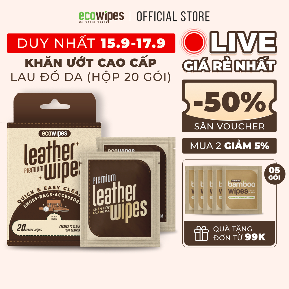Hộp 20 gói khăn giấy ướt vệ sinh dưỡng bóng giày da túi da ví da Leather EcoWipes travel size gói 1 tờ lau siêu sạch