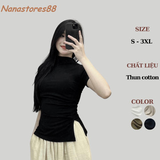 Áo thun nữ cộc tay có cổ nhún eo xẻ tà, áo phông nữ bigsize xẻ tà 218T