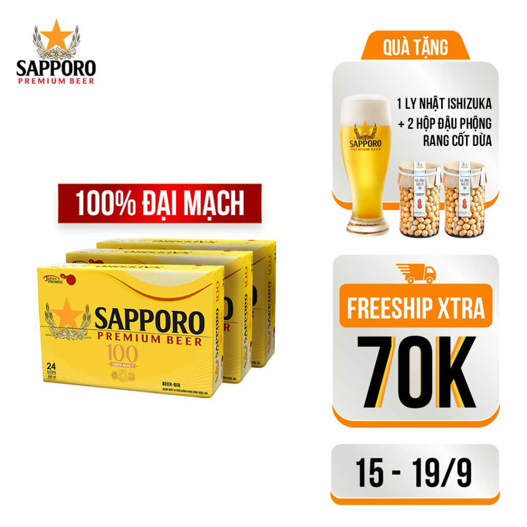 Combo 03 thùng Sapporo Premium 1OO - 24 lon 330ml - 3.5% cồn