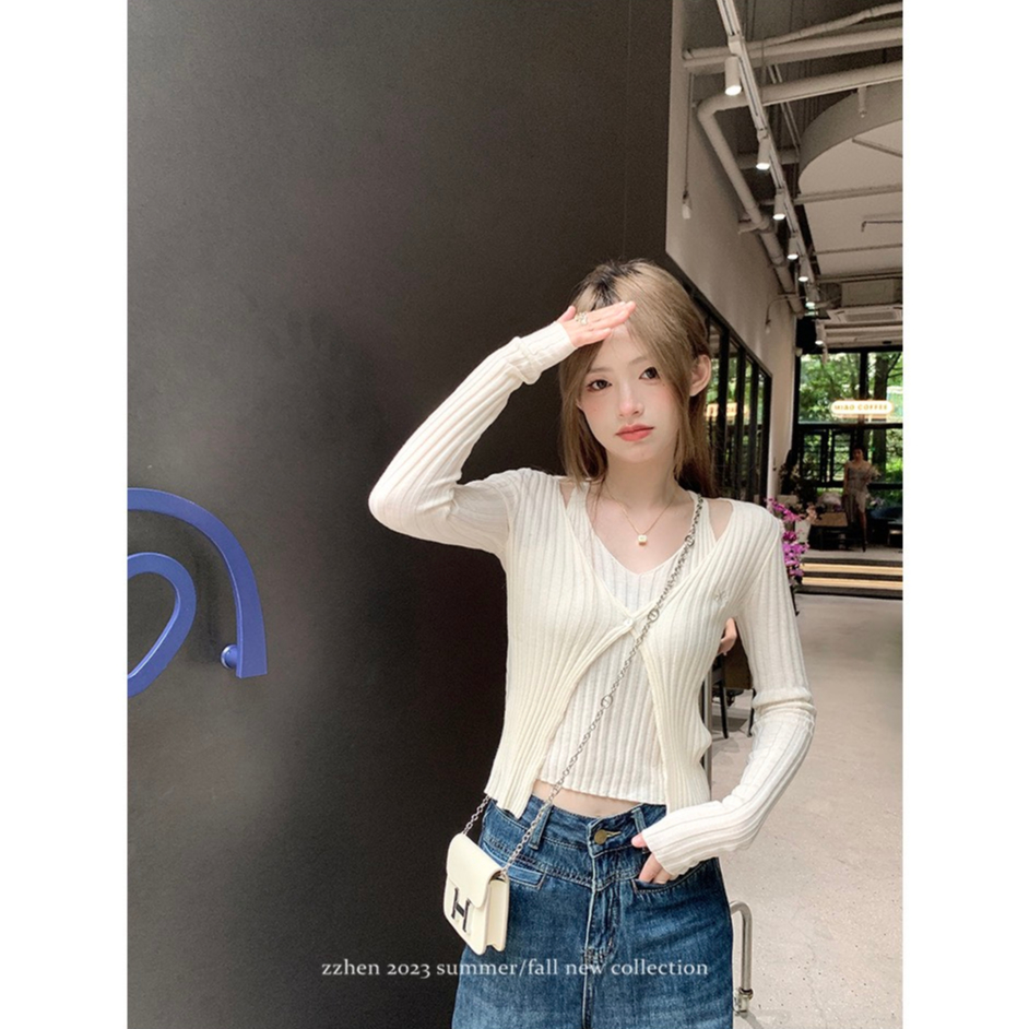 Áo khoác len cardigan dáng croptop mỏng 1 cúc  dáng Hàn Quốc kèm áo trong Shine.Clothes