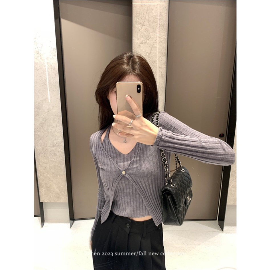 Áo khoác len cardigan dáng croptop mỏng 1 cúc  dáng Hàn Quốc kèm áo trong Shine.Clothes