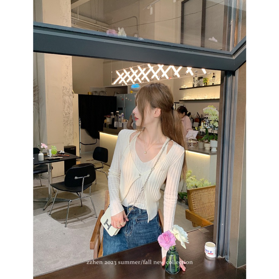 Áo khoác len cardigan dáng croptop mỏng 1 cúc  dáng Hàn Quốc kèm áo trong Shine.Clothes