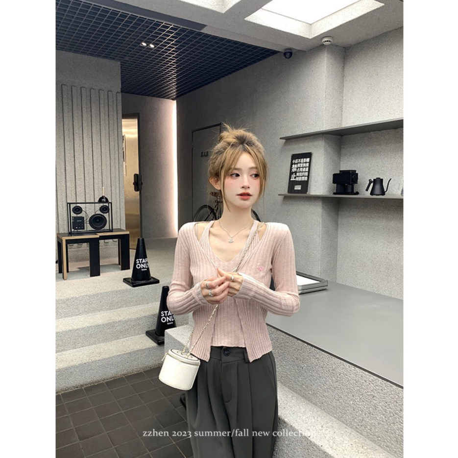 Áo khoác len cardigan dáng croptop mỏng 1 cúc  dáng Hàn Quốc kèm áo trong Shine.Clothes