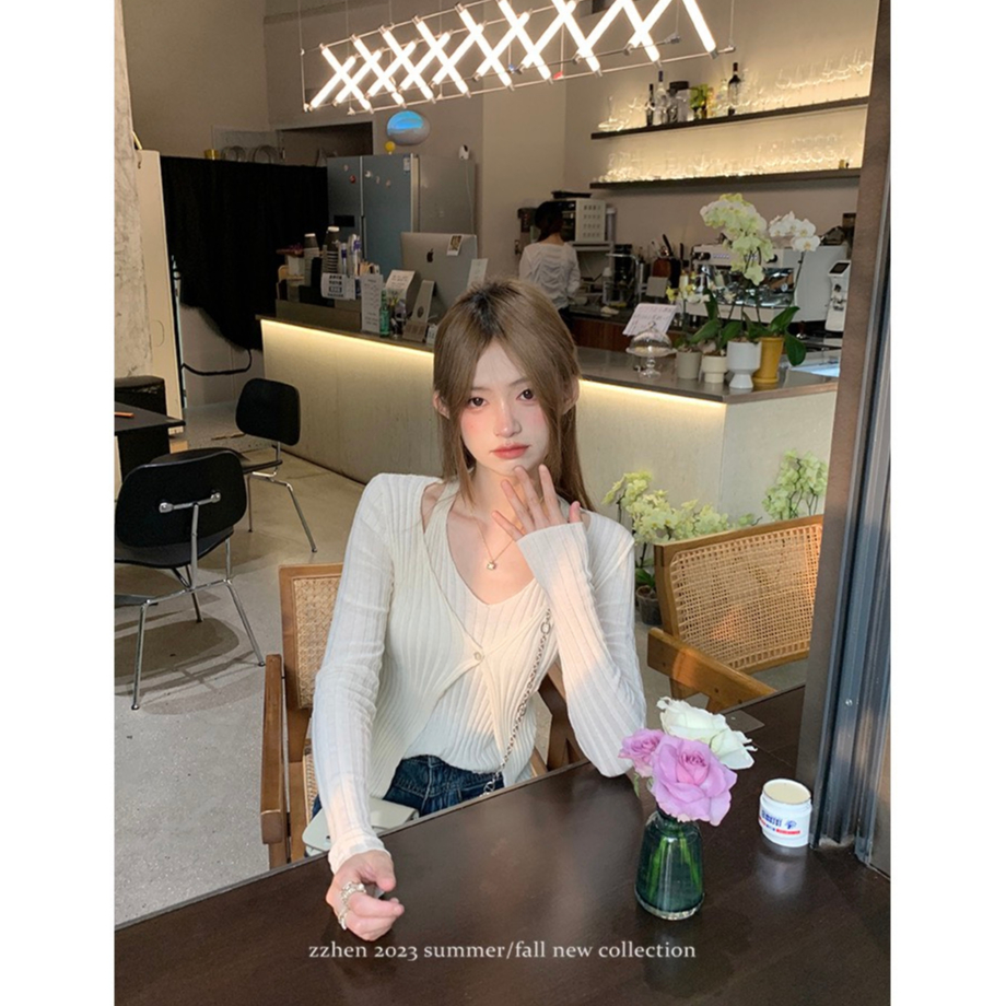 Áo khoác len cardigan dáng croptop mỏng 1 cúc  dáng Hàn Quốc kèm áo trong Shine.Clothes