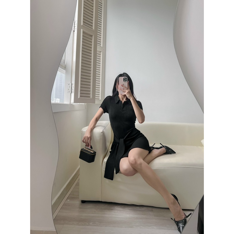 ĐẦM POLO THUN CỔ BẺ PHỐI TÙNG GÂN CỘT NƠ