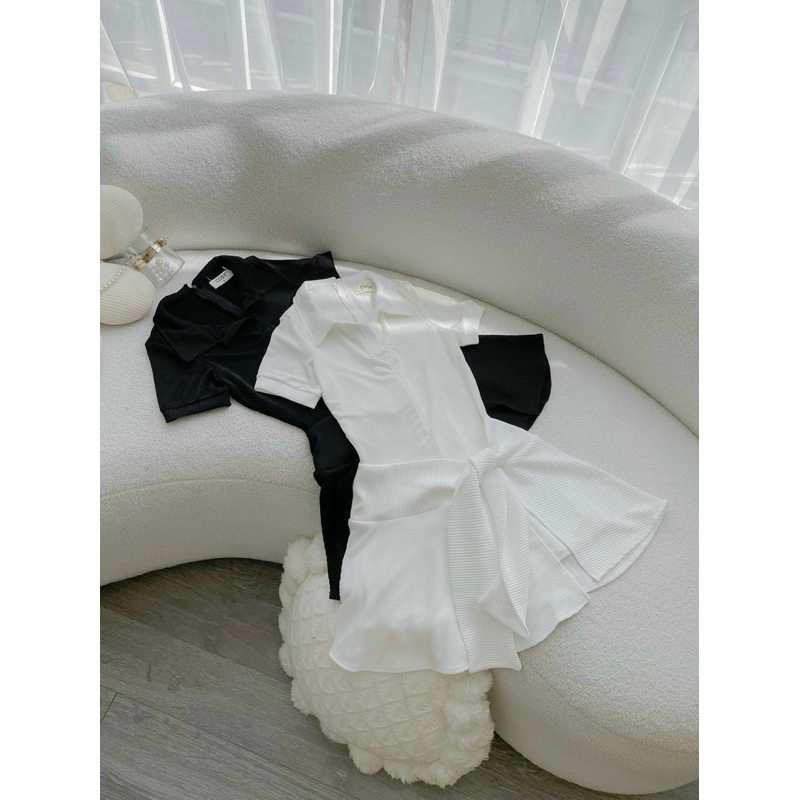 ĐẦM POLO THUN CỔ BẺ PHỐI TÙNG GÂN CỘT NƠ