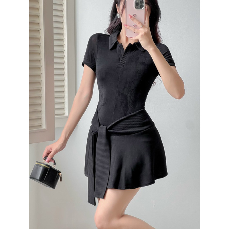 ĐẦM POLO THUN CỔ BẺ PHỐI TÙNG GÂN CỘT NƠ