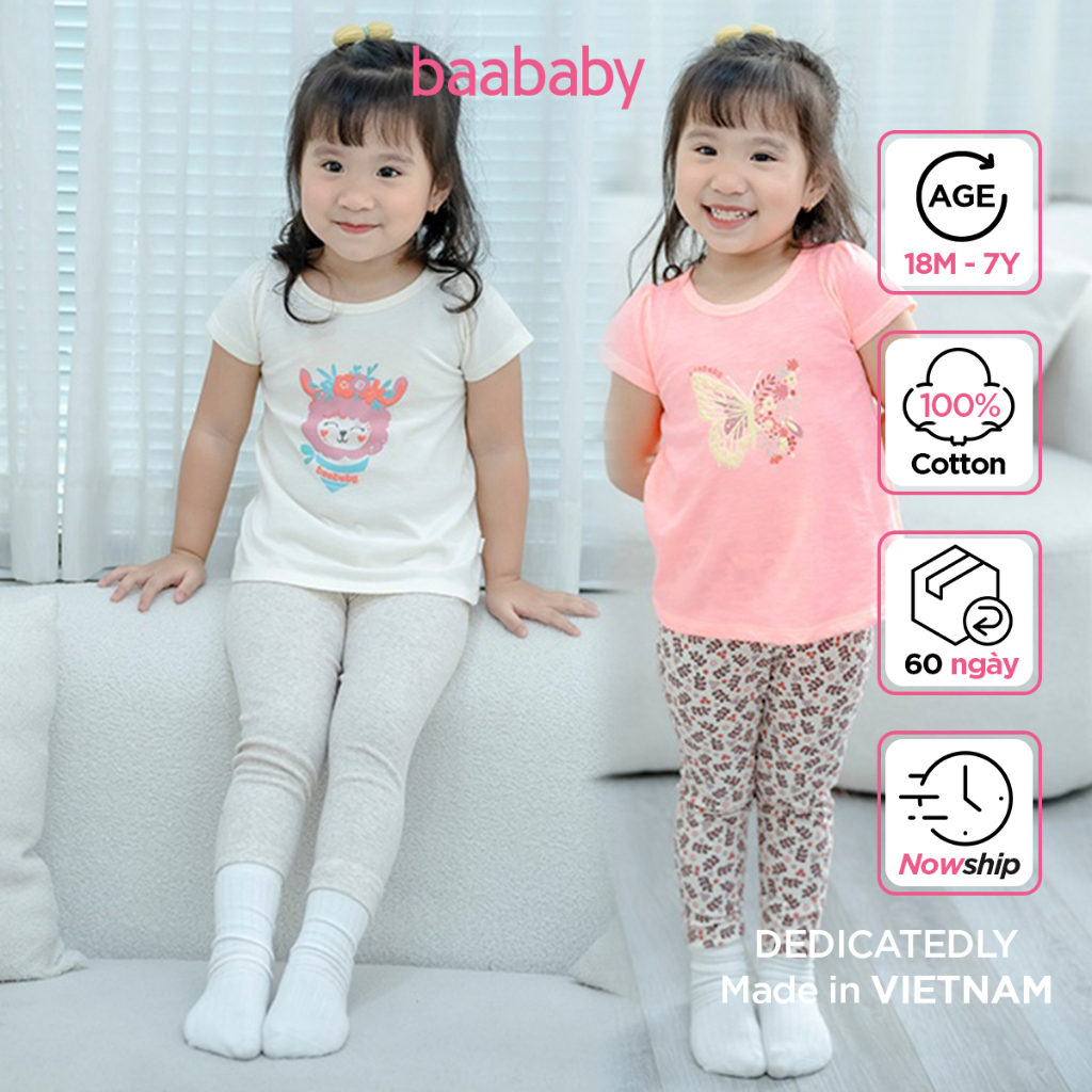 Đồ bộ tay ngắn quần dài thun gân in họa tiết cho bé gái, set đồ ngủ cotton BAA BABY từ 1 tuổi - 7 tuổi B-GT-DB14D