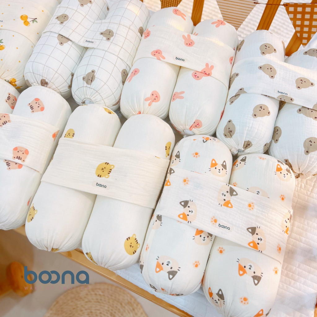 Gối chặn cho bé sơ sinh Boona bông cao cấp, vỏ Muslin mềm mại, thoáng khí shop BECON