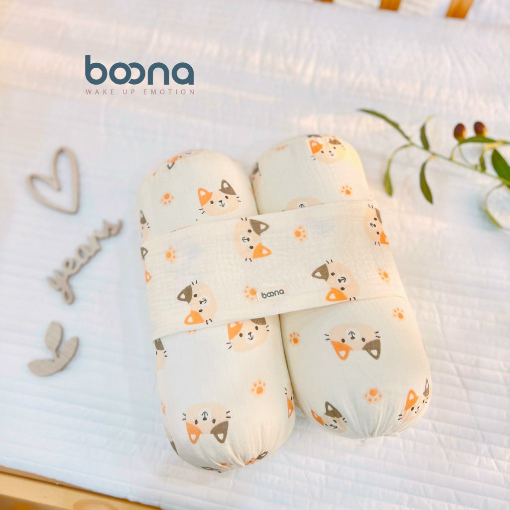 Gối chặn cho bé sơ sinh Boona bông cao cấp, vỏ Muslin mềm mại, thoáng khí shop BECON
