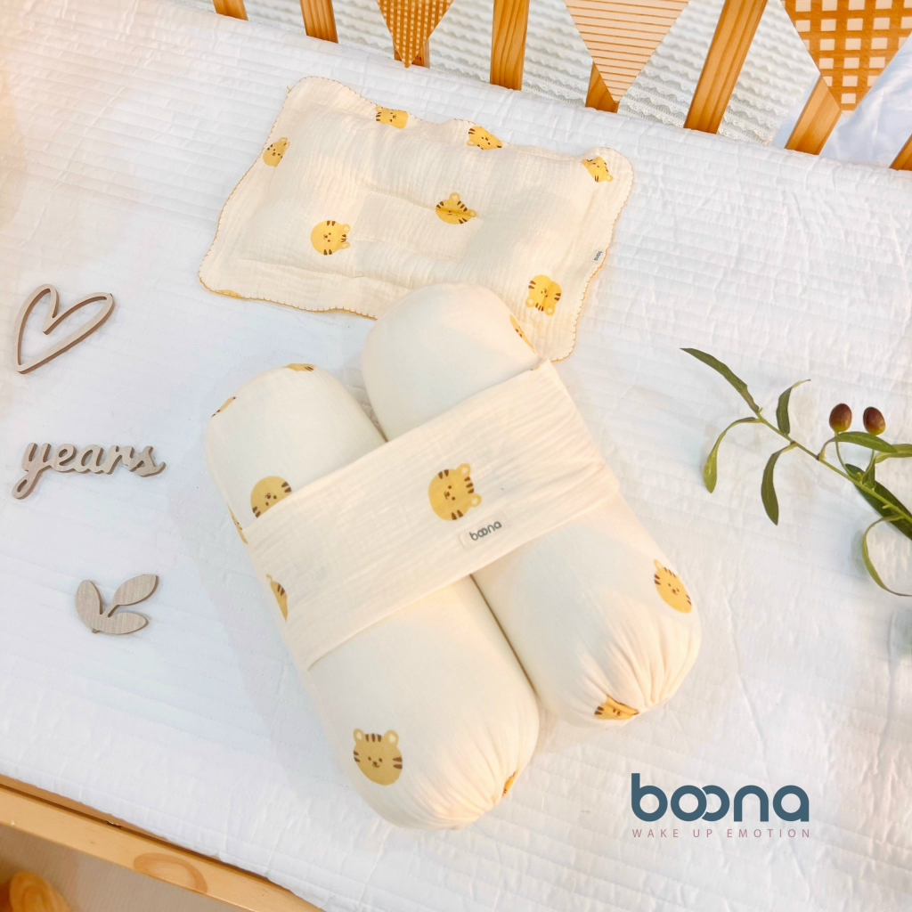 Gối chặn cho bé sơ sinh Boona bông cao cấp, vỏ Muslin mềm mại, thoáng khí shop BECON