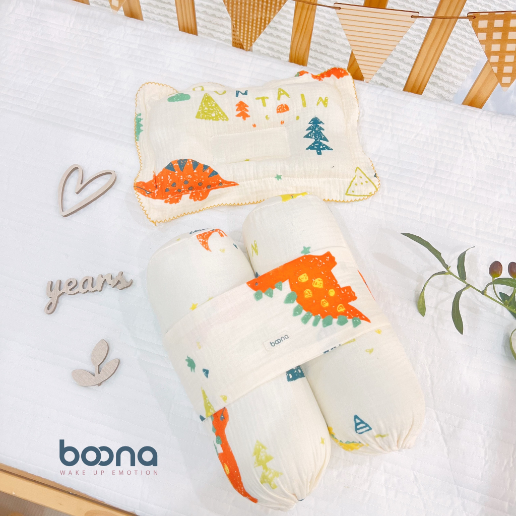 Gối chặn cho bé sơ sinh Boona bông cao cấp, vỏ Muslin mềm mại, thoáng khí shop BECON