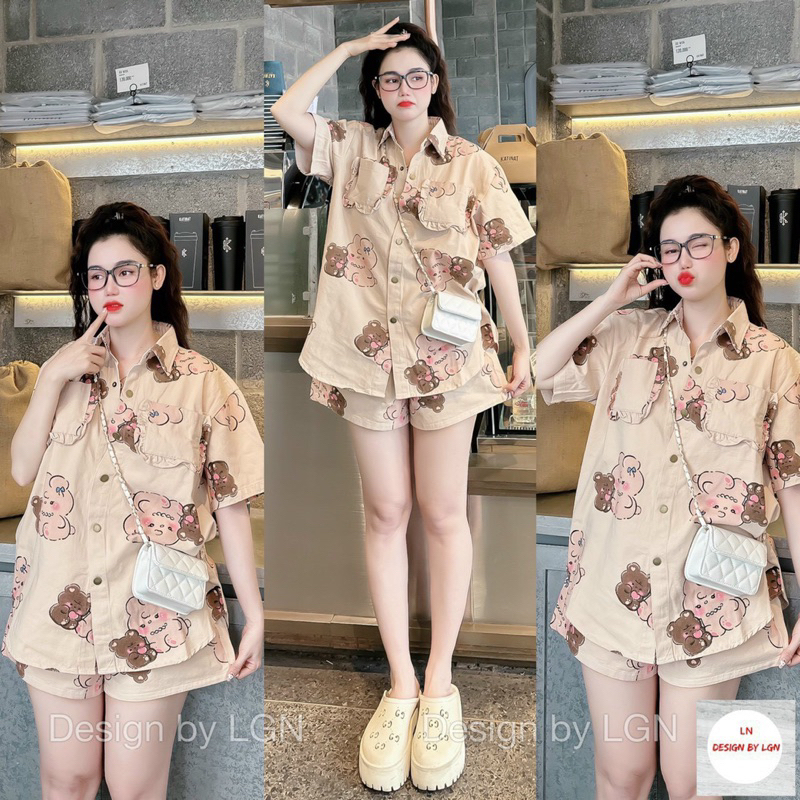 Set Bộ Quảng Châu Kaki Jean Hình Gấu Mèo Dày đẹp MaB, Set Quần đùi Ngắn