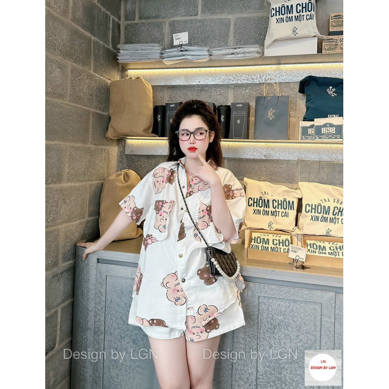 Set Bộ Quảng Châu Kaki Jean Hình Gấu Mèo Dày đẹp MaB, Set Quần đùi Ngắn